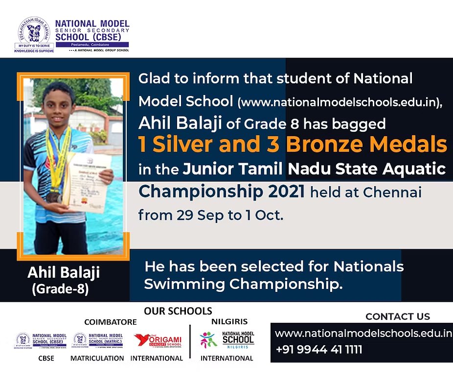 Ahil Balaji of Class VIII Bagged  1 Silver and 3 Bronze Medals